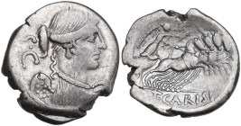 T. Carisius. AR Denarius, 46 BC. Obv. Bust of Victory right. Rev. Victory in biga right, holding reins and wreath; in exergue, T·CARISI. Cr. 464/4; B....