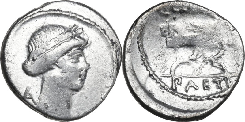 C. Considius Paetus. AR Denarius, 46 BC. Obv. Laureate head of Apollo right; beh...