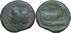 Sextus Pompeius Magnus Pius. AE As, c. 42-38 BC. Sicily. Obv. MAGN (MA ligate). Laureate head of Janus, with features of Pompey the Great. Rev. PIVS P...