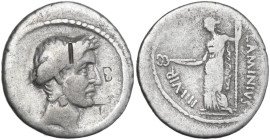 L. Flaminius Chilo. AR Denarius, 43 BC. Obv. Laureate head of Caesar right. Rev. Goddess standing left, holding caduceus and sceptre; on right L·FLAMI...