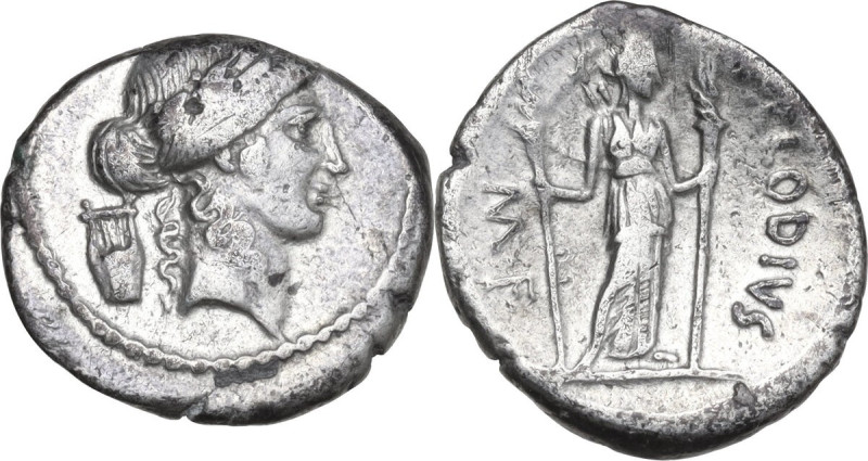 P. Clodius M. f. Turrinus. AR Denarius, 42 BC. Obv. Laureate head of Apollo righ...