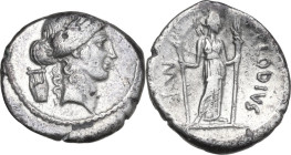 P. Clodius M. f. Turrinus. AR Denarius, 42 BC. Obv. Laureate head of Apollo right; behind, lyre. Rev. Diana standing facing, with bow and quiver over ...