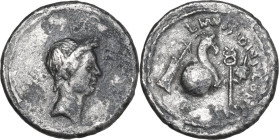 L. Mussidius Longus. AR Denarius, 42 BC. Obv. Laureate head of Caesar right. Rev. Cornucopiae on globe, on left, rudder; on right, caduceus and apex; ...