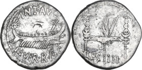 Marcus Antonius. Denarius, mint moving with Marcus Antonius, 32-31 BC. Obv. Praetorian galley right, with sceptre tied with fillet on prow; above, ANT...