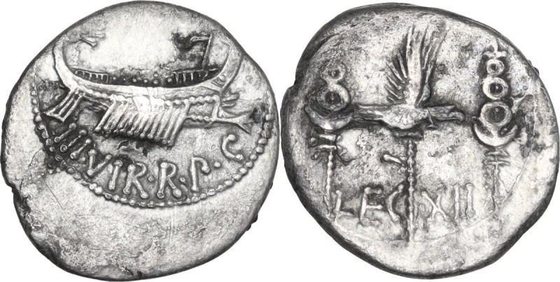 Marcus Antonius. AR Denarius, 32-31 BC. Obv. ANT. AVG. III. VIR. R.P.C. Praetori...