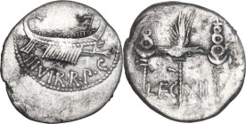 Marcus Antonius. AR Denarius, 32-31 BC. Obv. ANT. AVG. III. VIR. R.P.C. Praetorian galley right. Rev. LEG XII. Legionary eagle between two standards. ...