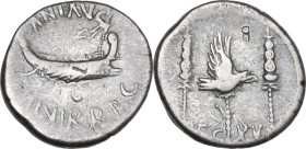Marcus Antonius. AR Denarius, mint moving with Marcus Antonius, 32-31 BC. Obv. Praetorian galley right, with sceptre tied with fillet on prow; above, ...