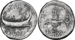 Marcus Antonius. AR Denarius, mint moving with Marcus Antonius, 32-31 BC. Obv. Praetorian galley right, with sceptre tied with fillet on prow; above, ...