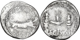 Marcus Antonius. AR Denarius, 32-31 BC. Obv. ANT. AVG.III. VIR. R.P.C. Praetorian galley right. Rev. LEG XIX. Legionary eagle between two standards. C...