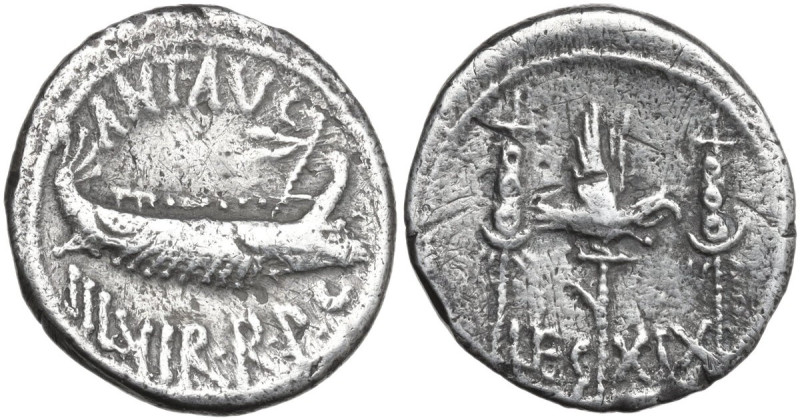 Marcus Antonius. AR Denarius, 32-31 BC. Obv. ANT. AVG.III. VIR. R.P.C. Praetoria...