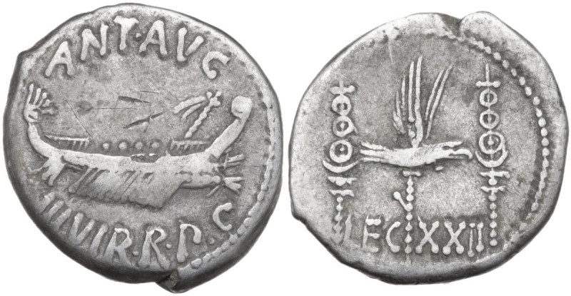 Marcus Antonius. AR Denarius, 32-31 BC. Obv. ANT. AVG III VIR. R. P. C. Praetori...