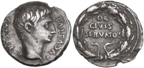 Augustus (27 BC - 14 AD). AR Denarius, uncertain Spanish mint (Colonia Patricia?), c. 19 BC. Obv. CAESAR AVGVSTVS. Bare head right. Rev. OB / CIVIS / ...