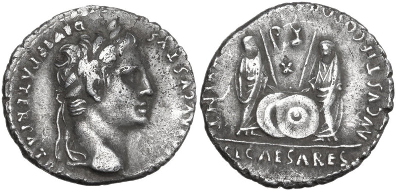 Augustus (27 BC - 14 AD). AR Denarius, Lugdunum mint, 2 BC-4 AD. Obv. CAESAR AVG...