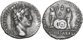 Augustus (27 BC - 14 AD). AR Denarius, Lugdunum mint, 2 BC-4 AD. Obv. CAESAR AVGVSTVS DIVI F PATER PATRIAE. Head of Augustus, laureate, right. Rev. C ...