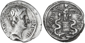 Augustus (27 BC - 14 AD). AR Quinarius, Uncertain value mint, 29-26 BC. Obv. CAESAR IMP VII. Head of Octavian, bare, right. Rev. ASIA RECEPTA. Victory...