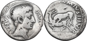 Augustus (27 BC-14 AD). AR Denarius, Rome mint, c. 19-18 BC. Obv. CAESAR AVGVSTVS. Bare head right. Rev. M DVRMIVS III VIR, lion attacking stag to lef...
