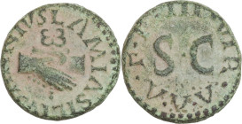 Augustus (27 BC - 14 AD). AE Quadrans, 9 BC. Obv. LAMIA SILVS ANNIVS. Clasped right hands holding caduceus. Rev. III VIR AAA FF around large SC. RIC I...