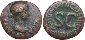 Livia, wife of Augustus (died in 29 AD). AE Dupondius. Obv. SALVS AVGVSTA. Draped bust of Livia as Salus right. Rev. TI CAESAR DIVI AVG F AVG PM TR PO...