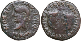 Tiberius (14-37) with Germanicus and Drusus Caesares. AE Unit, Romula mint (Hispania). Obv. PERM DIVI AVG COL ROM. Head of Tiberius left. Rev. GERMANI...