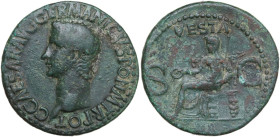 Gaius (Caligula) (37-41). AE As, Rome mint, 37-38. Obv. C CAESAR AVG GERMANICVS PON M TR POT. Head of Caligula, bare, left. Rev. VESTA S C. Vesta, vei...