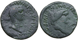Caligula and Caesonia (39-41). AE As, Carthago Nova mint, Hispania. Obv. C. CAESAR AVG. GERMANIC. IMP. P.M. T.R.P. COS. Laureate head of Caligula righ...