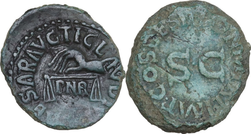 Claudius (41-54). AE Quadrans, Rome mint, 41 AD. Obv. TI CLAVDIVS CAESAR AVG. Ha...