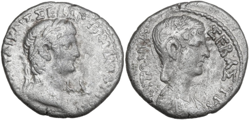 Claudius I (41-54) and Antonia (died 45 AD). Bi Tetradrachm, year 2 = 41/2 AD. O...