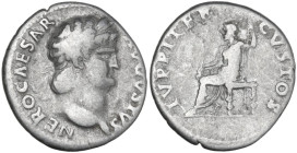 Nero (54-68). AR Denarius, Rome mint, 64-65. Obv. NERO CAESAR AVGVSTVS. Head of Nero, laureate, right, with beard. Rev. IVPPITER CVSTOS. Jupiter, bare...