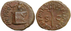 Nero (54 68). AE Quadrans. Obv. NERO CL-AV CAE AVG. Owl standing facing, wings spread, on garlanded altar. Rev. GER P M TR- P IMP PP/ S-C. Olive branc...