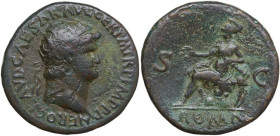 Nero (54-68). AE Dupondius, Rome mint, 62-68. Obv. NERO CLAVD CAESAR AVG GER P M TR P IMP P P. Head of Nero, radiate, right. Rev. ROMA S C. Roma, helm...
