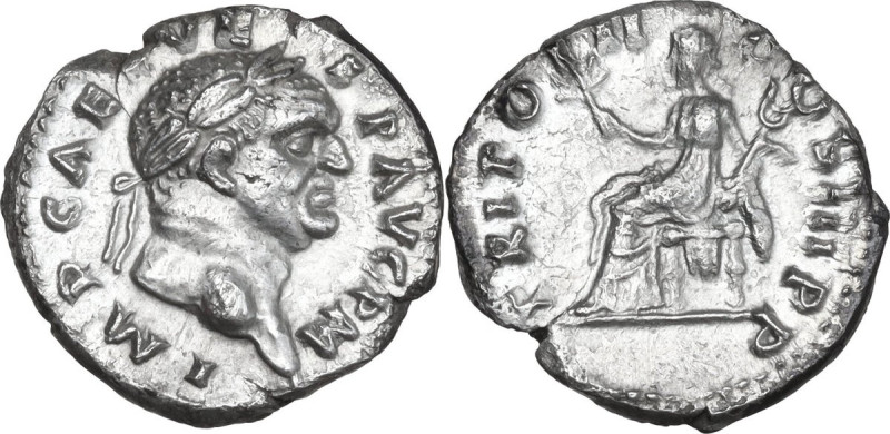 Vespasian (69-79). AR Denarius, Rome mint, 70-72. Obv. IMP CAES VESP AVG PM. Lau...