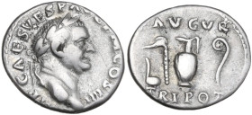 Vespasian (69-79). AR Denarius, Rome mint, 72-73. Obv. IMP CAES VESP AVG P M COS IIII. Head of Vespasian, laureate, right. Rev. AVGVR TRI POT. Simpulu...