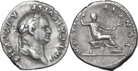 Vespasian (69-79). AR Denarius, Rome mint, 73 AD. Obv. IMP CAES VESP AVG CENS. Head of Vespasian, laureate, right. Rev. PONTIF MAXIM. Vespasian, togat...