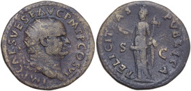 Vespasian (69-79). AE Dupondius, Rome mint, 75 AD. Obv. IMP CAES VESP AVG P M T P COS VI. Head of Vespasian, radiate, right. Rev. FELICITAS PVBLICA S ...