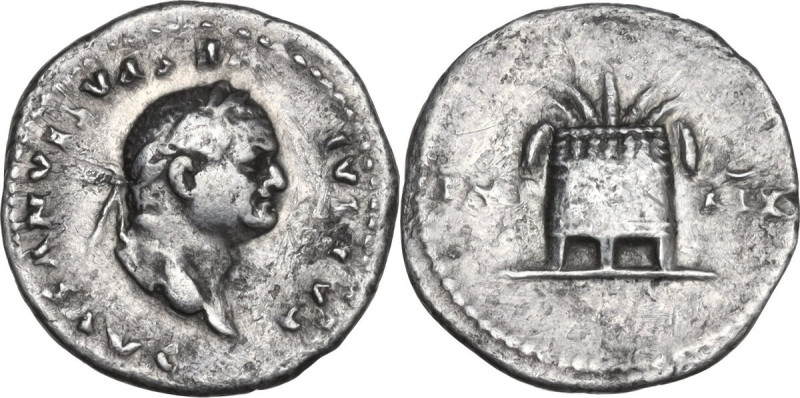 Vespasian (69-79). AR Denarius. Struck AD 77-78. Obv. CAESAR VESPASIANVS AVG. La...