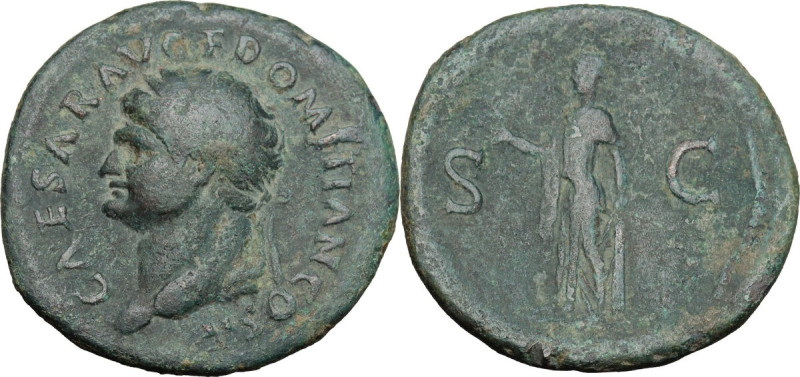 Domitian as Caesar (69-81). AE As, 73-74 AD. Obv. CAESAR AVG F DOMITIAN COS II. ...