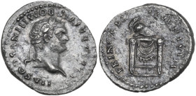 Domitian as Caesar (69-81). AR Denarius, 80 AD. Obv. CAESAR DIVI F DOMITIANVS COS VII. Laureate head right. Rev. PRINCEPS IVVENTVTIS Helmet on throne....
