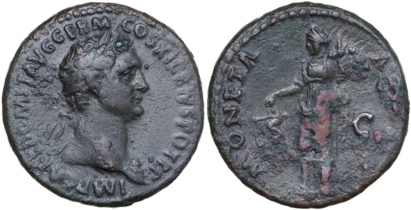Domitian (81-96). AE As, Rome mint, 85 AD. Obv. IMP CAES DOMIT AVG GERM COS XI C...
