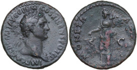 Domitian (81-96). AE As, Rome mint, 85 AD. Obv. IMP CAES DOMIT AVG GERM COS XI CENS POT P P. Bust of Domitian, laureate, right with aegis. Rev. MONETA...