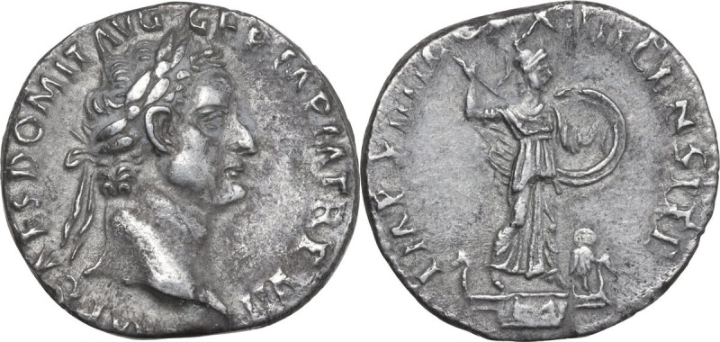 Domitian (81-96). AR Denarius, Rome mint, 88 AD. Obv. IMP CAES DOMIT AVG GERM P ...