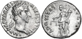Nerva (96-98). AR Denarius, Rome mint, 97 AD. Obv. IMP NERVA CAES AVG P M TR P COS III P P. Head of Nerva, laureate, right. Rev. AEQVITAS AVGVST. Aequ...