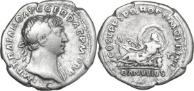 Trajan (98-117). AR Denarius, Rome mint, 103-111 AD. Obv. IMP TRAIANO AVG GER DAC P M TR P. Laureate bust right. Rev. COS V P P S P Q R OPTIMO PRINC D...