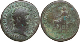 Trajan (98-117). AE Sestertius, Rome mint, 101-102. Obv. IMP CAES NERVA TRAIAN AVG GERM P M. Head of Trajan, laureate, right. Rev. TR POT COS IIII P P...