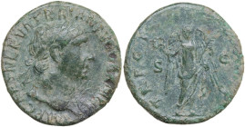 Trajan (98-117). AE As, Rome mint, 101-102. Obv. IMP CAES NERVA TRAIAN AVG GERM P M. Head of Trajan, laureate, right. Rev. TR POT COS IIII P P S C. Vi...