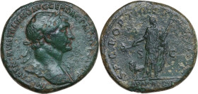 Trajan (98-117). AE Sestertius, Rome mint, 103-111. Obv. IMP CAES NERVAE TRAIANO AVG GER DAC P M TR P COS V P P. Bust of Trajan, laureate, draped on l...