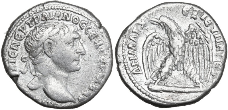 Trajan (98-117). AR Tetradrachm, Antioch mint (Selucis and Pieria), 112 AD. Obv....
