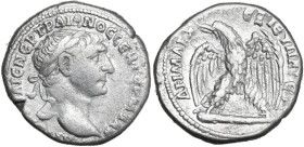 Trajan (98-117). AR Tetradrachm, Antioch mint (Selucis and Pieria), 112 AD. Obv. Laureate head right. Rev. Eagle standing front on club, head left, wi...