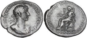 Hadrian (117-138). AR Denarius, Rome mint, 117 AD. Obv. IMP CAES TRAIAN HADRIAN OPT AVG GER DAC. Bust of Hadrian, laureate, bare chest, traces of drap...