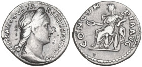 Sabina, wife of Hadrian (died 137 AD). AR Denarius, Rome mint, 130-133. Obv. SABINA AVGVSTA HADRIANI AVG P P. Bust of Sabina, diademed, wearing stepha...