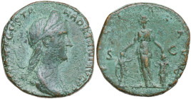 Sabina, wife of Hadrian (died 137 AD). AE Sestertius, Rome mint, 136-138. Obv. SABINA AVGVSTA HADRIANI AVG P P. Bust of Sabina, diademed, wearing step...